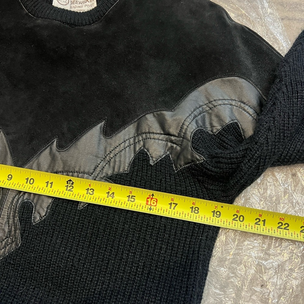 Vintage 90s Leather Knit Sweater Mens M Black Grunge Western Textured - Picture 8 of 8